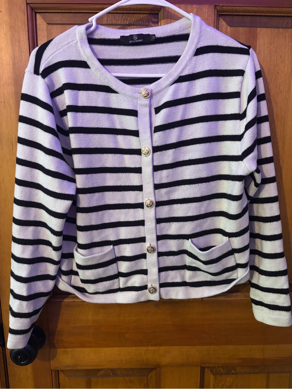 LILLUSORY Black & White Striped Gold Button Cardigan Sweater